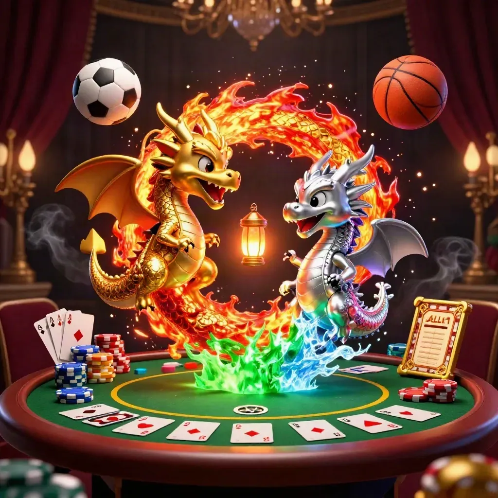 Gold and silver dragons spiral around poker gear, fire, ice, a soccer ball and basketball.