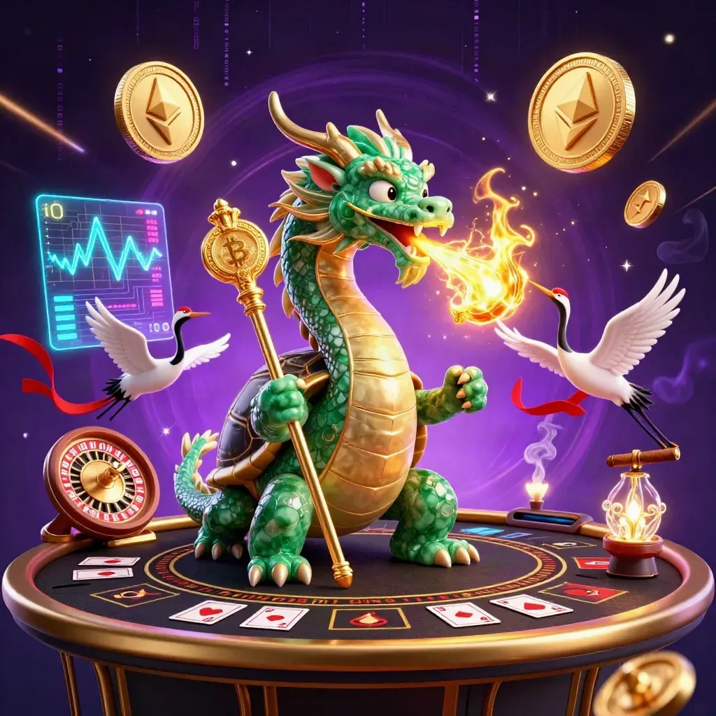 Emerald dragon, turtle sage, and cranes amid casino magic, coins, and neon energy.