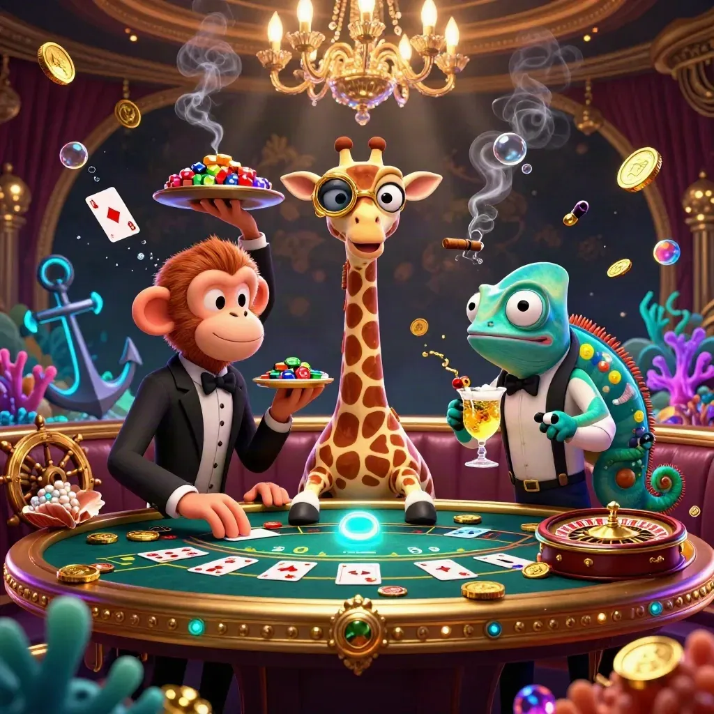 Giraffe high roller, monkey valet, and chameleon bartender in a luxe casino undersea scene.