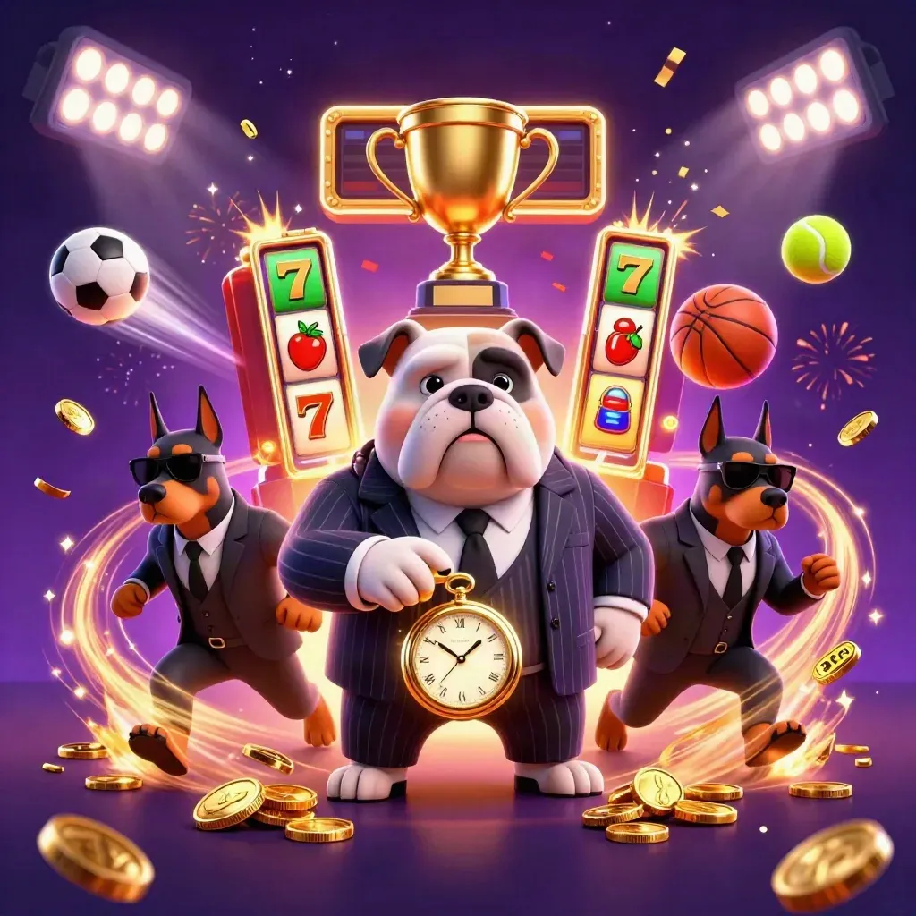 Bulldog mob boss and two Dobermans amid sports balls, trophy, coins, confetti and neon casino energy.