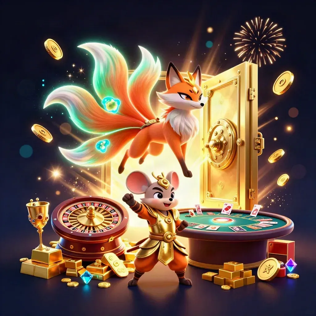 Neon fox spirit and samurai mouse burst from an open vault amid coins, gems, roulette, and fireworks.