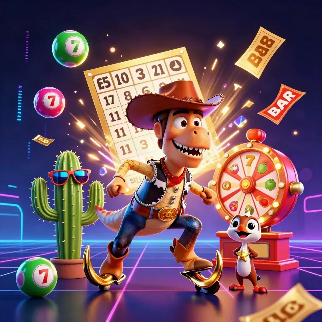 Cowboy T-Rex trio with casino bursts, neon grid, and glowing jackpot energy.