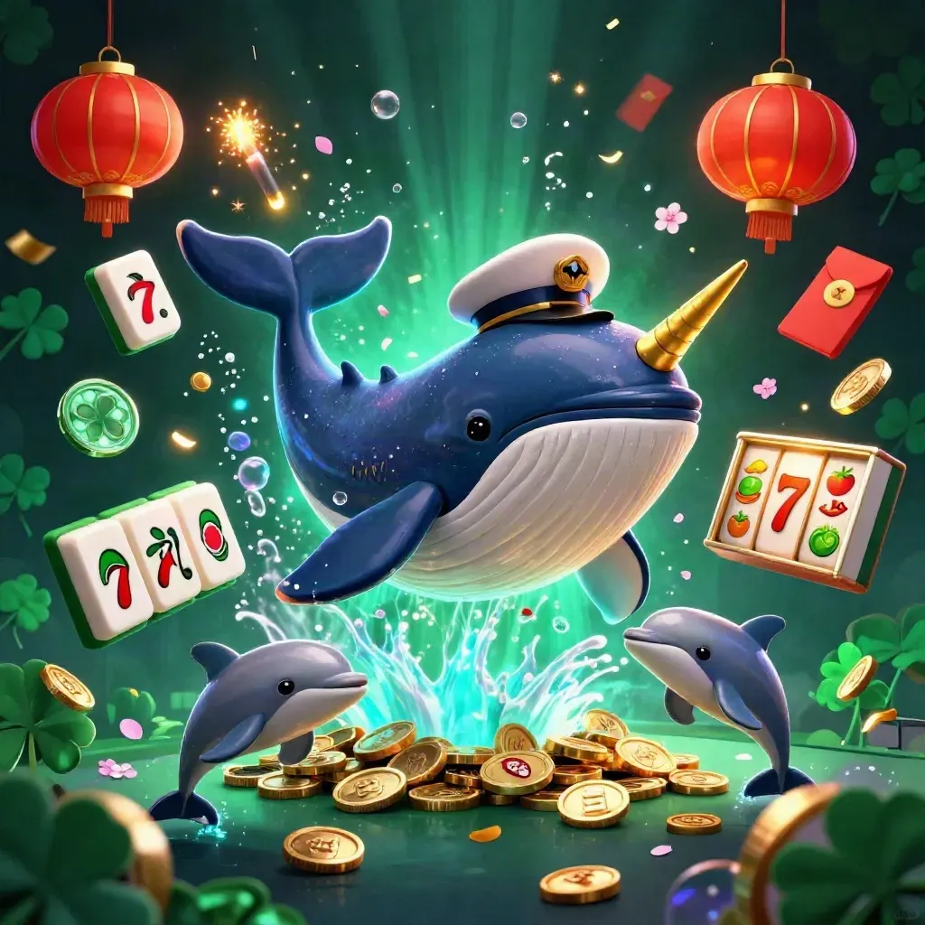 Whale captain, narwhal, and dolphins burst through coins amid neon casino luck symbols.