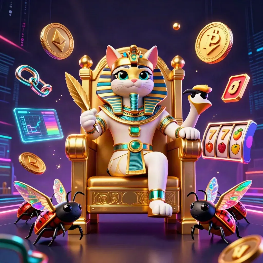 Pharaoh cat, ibis scribe, and scarabs amid neon casino coins and lightning in a dark luxe 3D scene